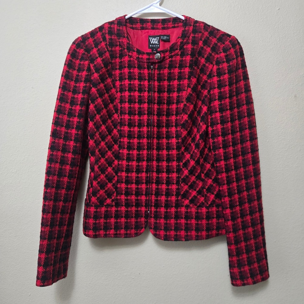 Worth New York Red Black Buffalo Plaid 100% Wool Zip Front Jacket Size 2